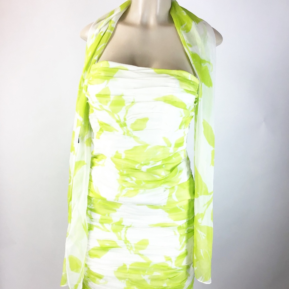 Adrianna White Lime Real Silk Strapless Dress with Scarf size 6 2 pieces
